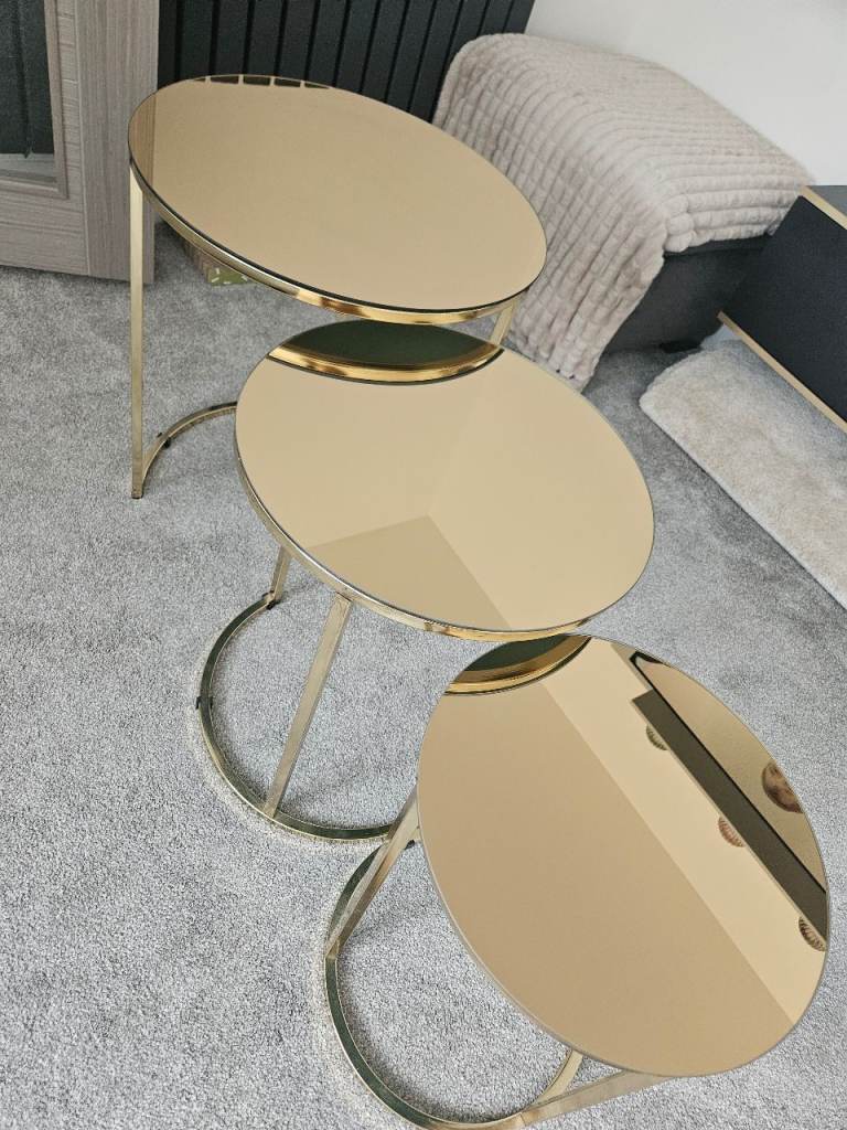 Set of 3 Gold Mirrored Side Tables – Modern Glam Coffee/Lamp Table