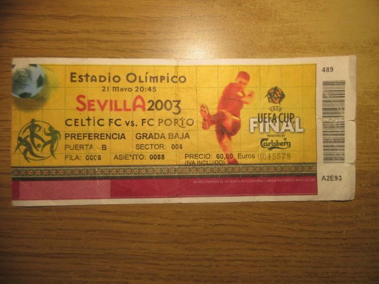 2003 UEFA Cup Final ticket featuring Celtic vs Porto in Sevilla