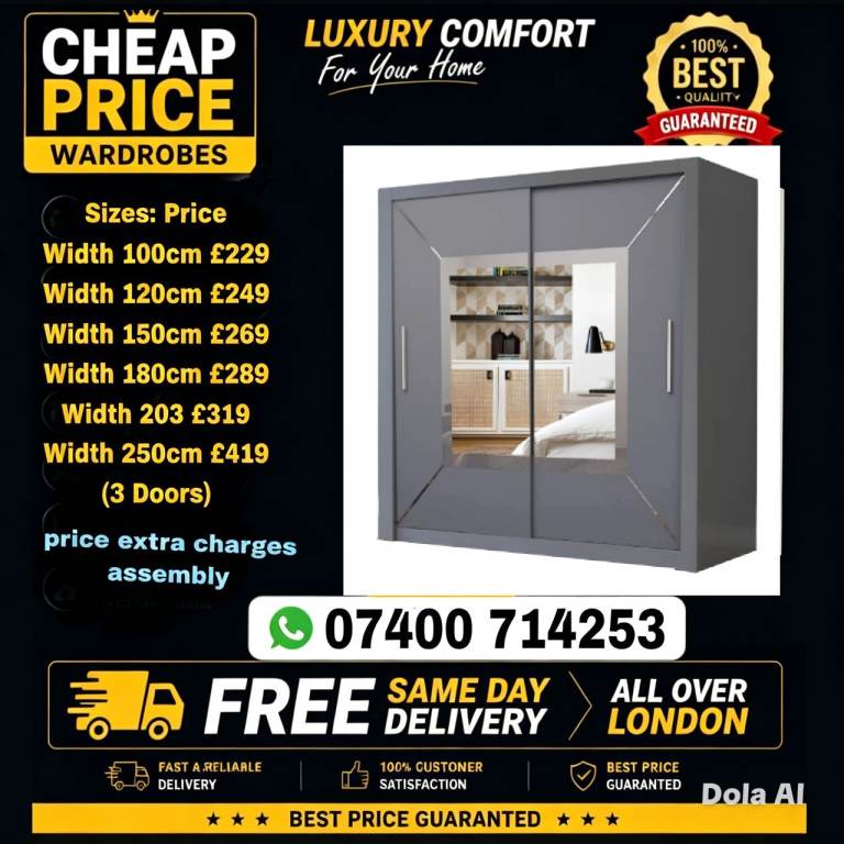Elegant 2 Sliding Door Wardrobe with Mirror – Various Sizes | Multiple ...