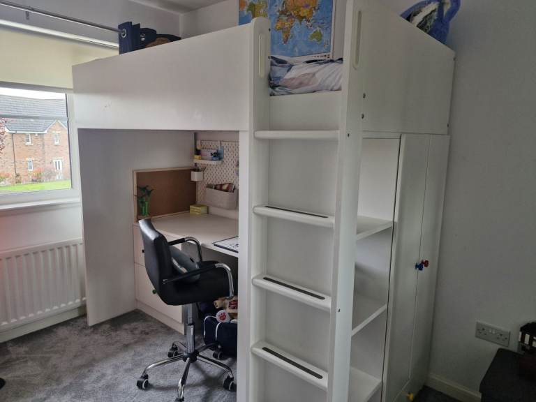 IKEA White Wooden High Sleeper Bed with Integrated Storage