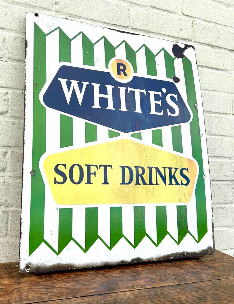 White's soft drinks enamel sign advertising mancave garage kitchen metal old original shop display
