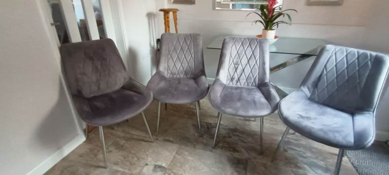 Grey velour dining chairs x 4
