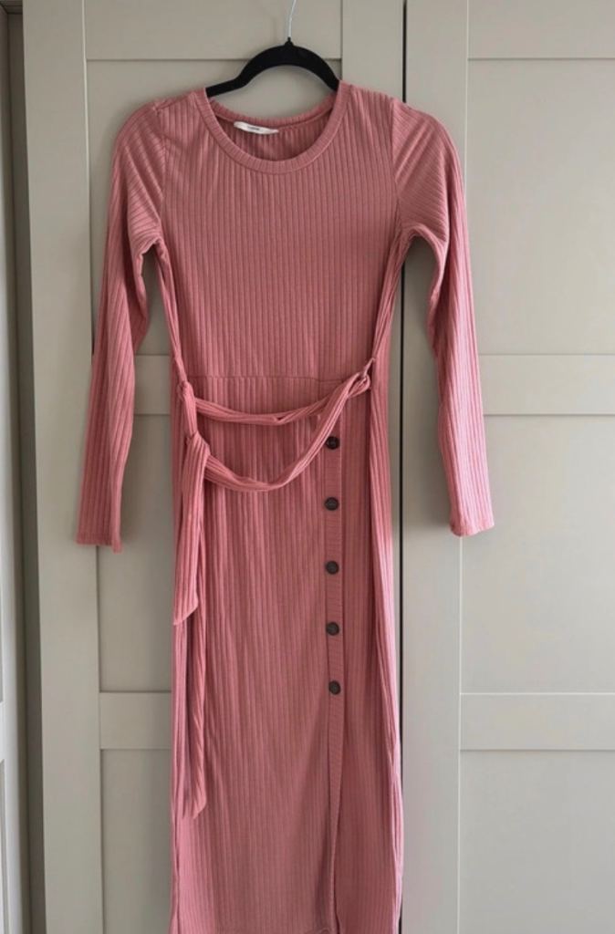 George. Ribbed Pink Midi Dress with Tie Waist – As New