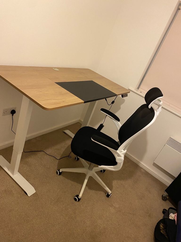 Adjustable Height Electric Standing Desk - Oak Top, White Legs