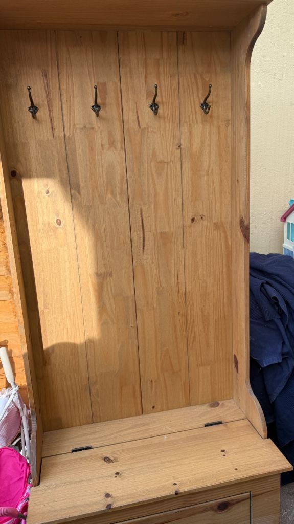 Solid Pine Hallway Bench with Coat Hooks and Storage