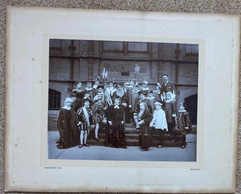 Vintage Sepia Toned Photograph Group of People in Ceremonial Costumes Henderson & Co Rochdale