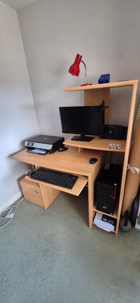 Light Wood Computer Desk with Shelves – Good Condition