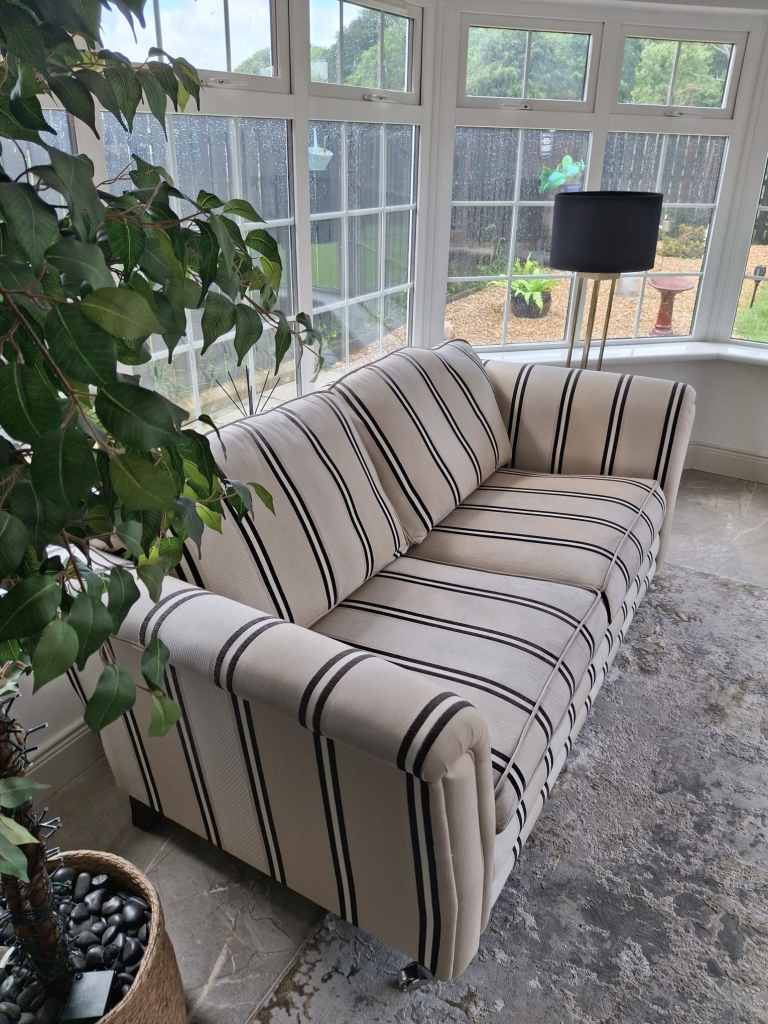 Striped Fabric Sofa – Beige with Black Stripes, Good Condition