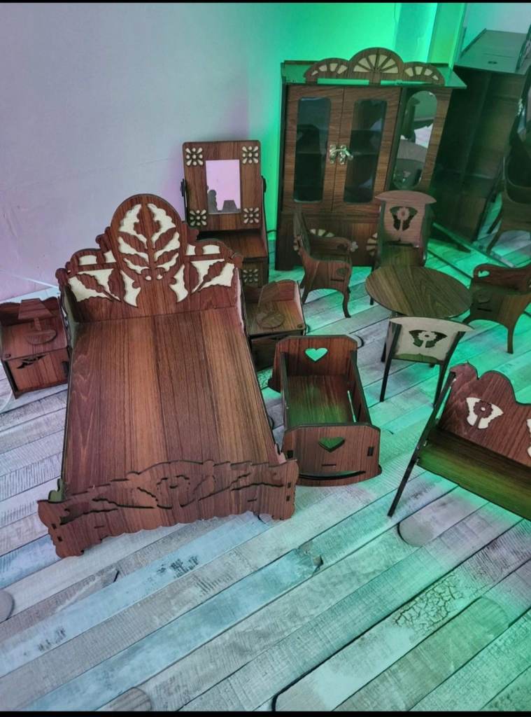 Wooden Doll's House Furniture Set – Bed, Wardrobe, Table & Chairs