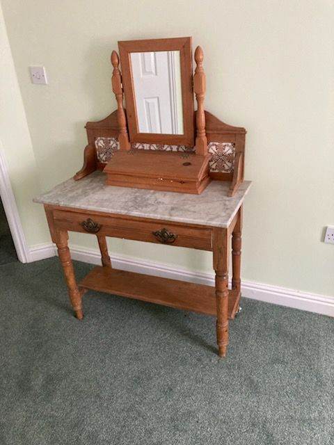 Vintage Wooden Dressing Table with Marble Top and Mirror