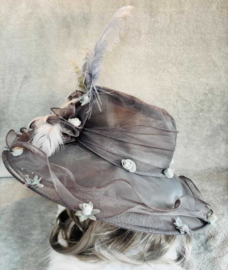 Stunning Grey Formal Occasion Hat with Feather and Floral Detail