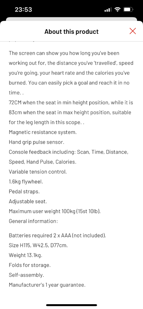 Opti Exercise Bike - New