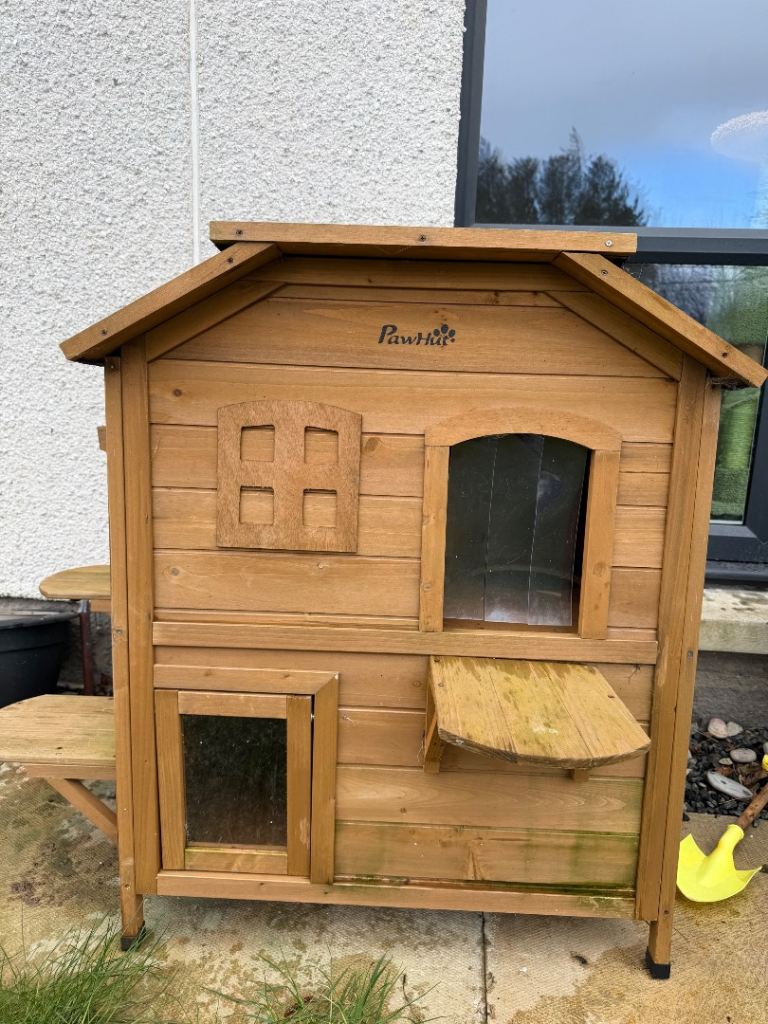 2-story Cat House Outdoor, Weatherproof Wooden Cat Enclosure with Openable Roof, Jumping Platforms,