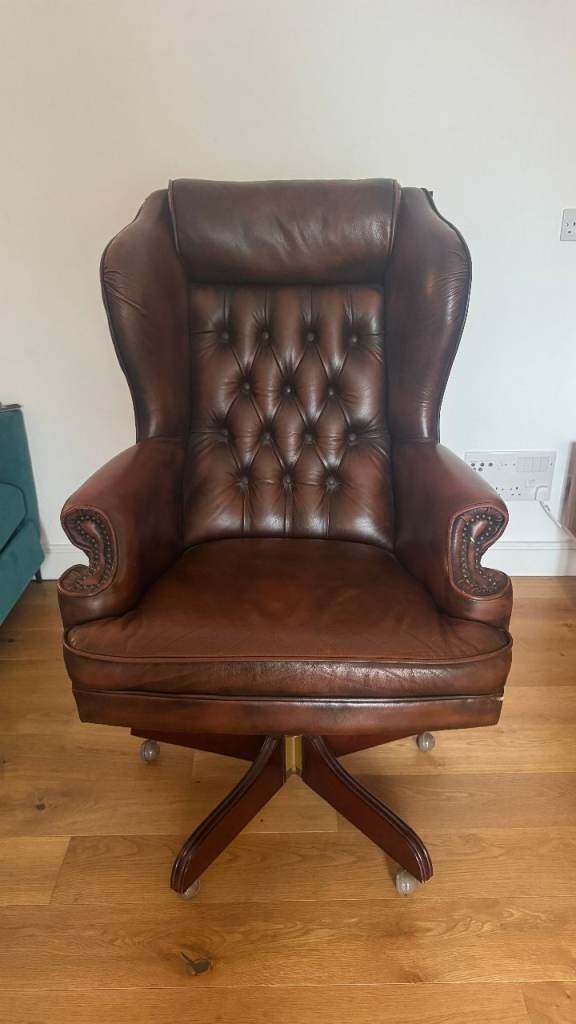 RARE Chesterfield Desk Chair Ambassador Director Style - Brown Leather