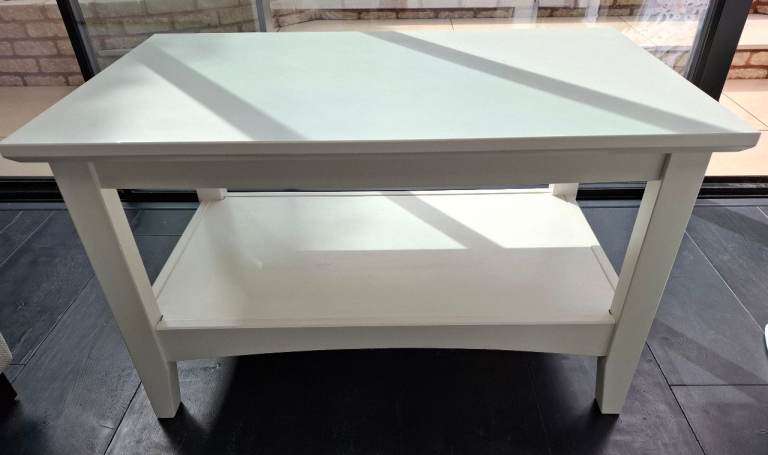 White Wooden Side Table with Storage Shelf – Good Condition
