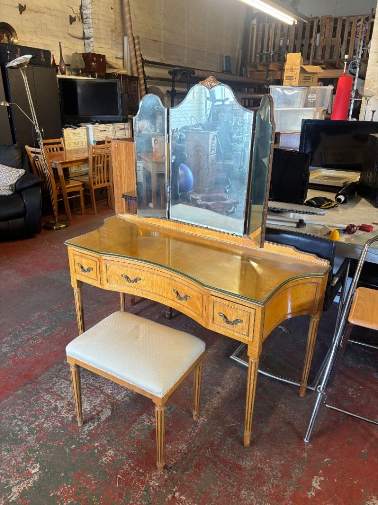 Vintage Dressing Table with Triple Mirror and Stool