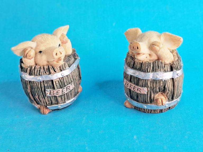 Pair of Cute Pig in Barrel Figurines – Good Condition