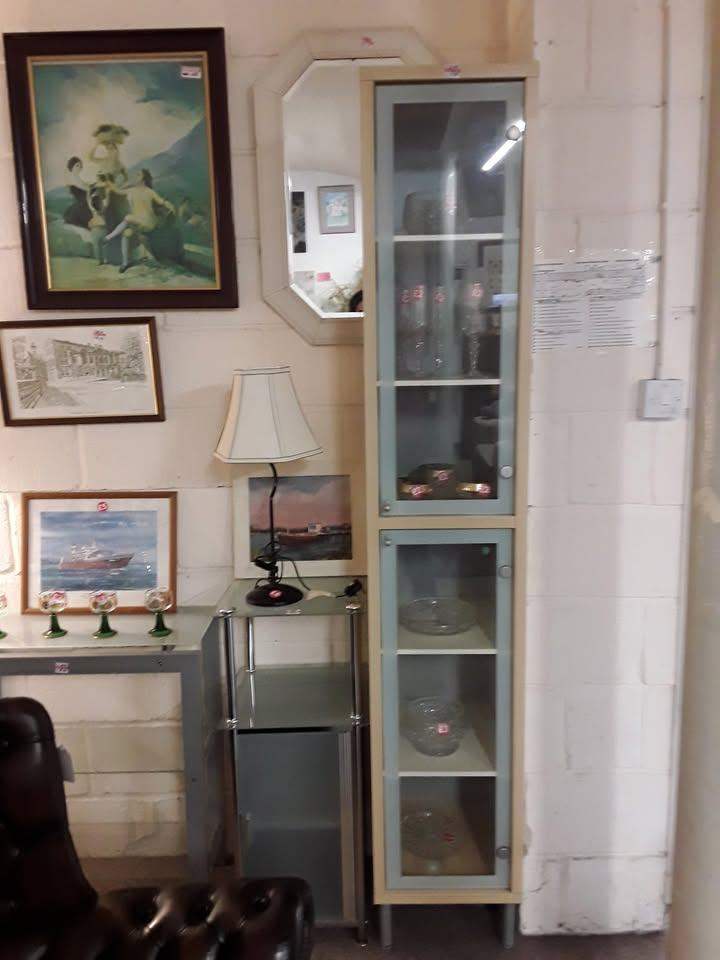 image for Tall slim 2 door glass display cabinet Low Cost Moves 2nd Hand Furniture STALYBRIDGE SK15 3DN