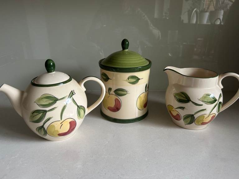 Marks & Spencer Orchard Design Teapot, Jug, and Biscuit Barrel, As New.