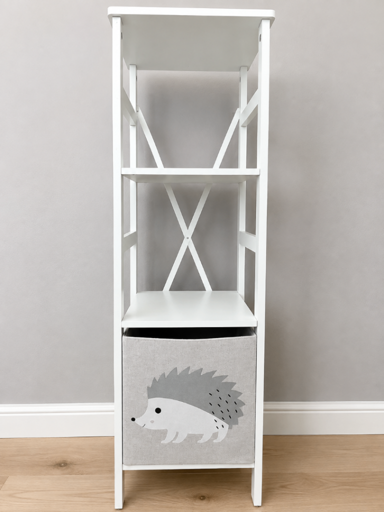 White Wooden Bookcase with Hedgehog Storage Box 