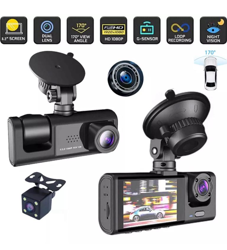 3 in 1 LCD HD DashCam 2 Front 1 Rear Lens 1080P HDR Dual Parking Dash Cam Car Van Security Camera