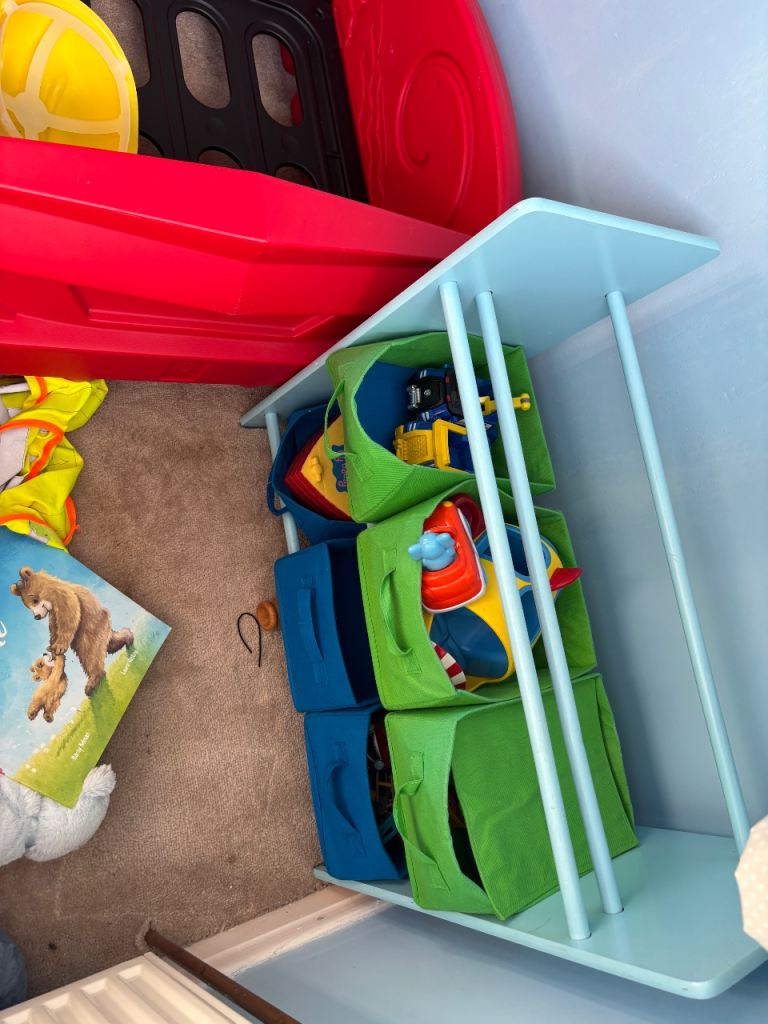 Kids' Blue Wooden Storage Unit with Green Fabric Bins