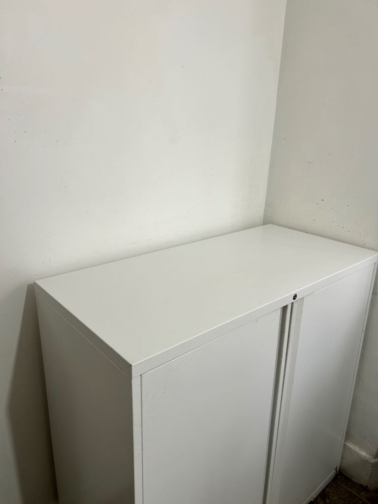 White Metal Storage Cabinet with Sliding Doors – Good Condition