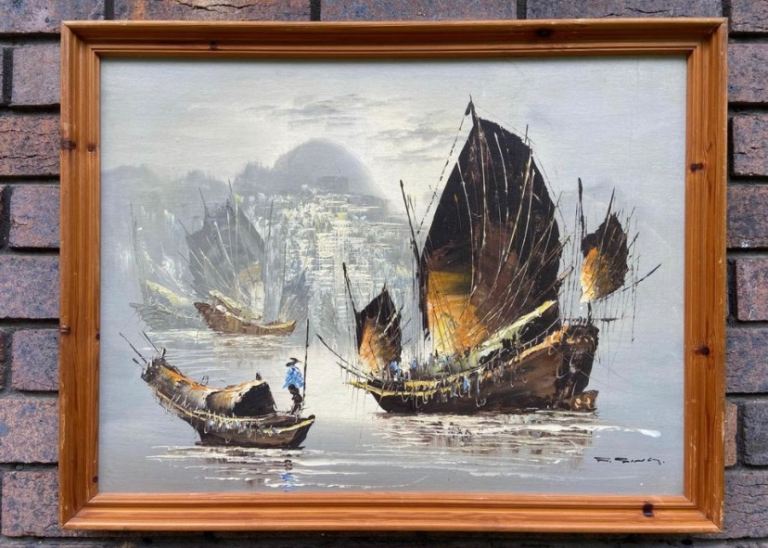 Vintage, Mid Century, Chinese/Hong Kong, Original oil painting.