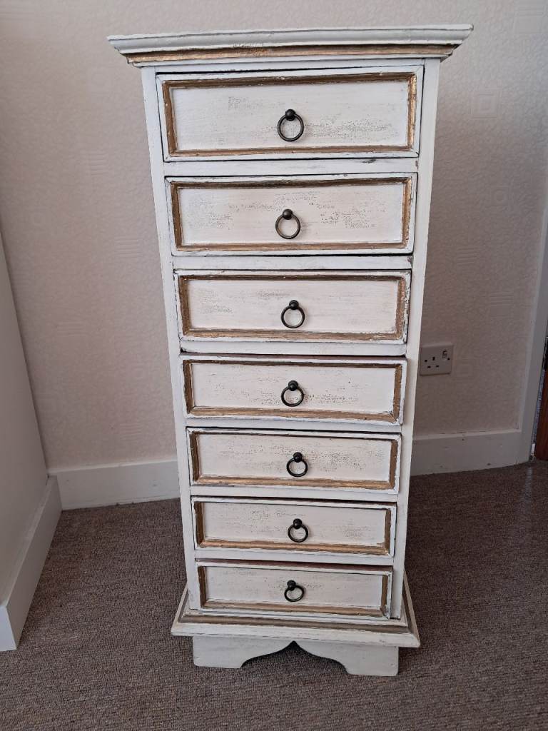 Tall Chest of Drawers – Distressed Cream & Gold, Good Condition