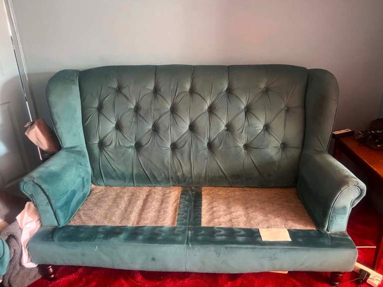 Green Velvet Two-Seater Sofa – Fair Condition