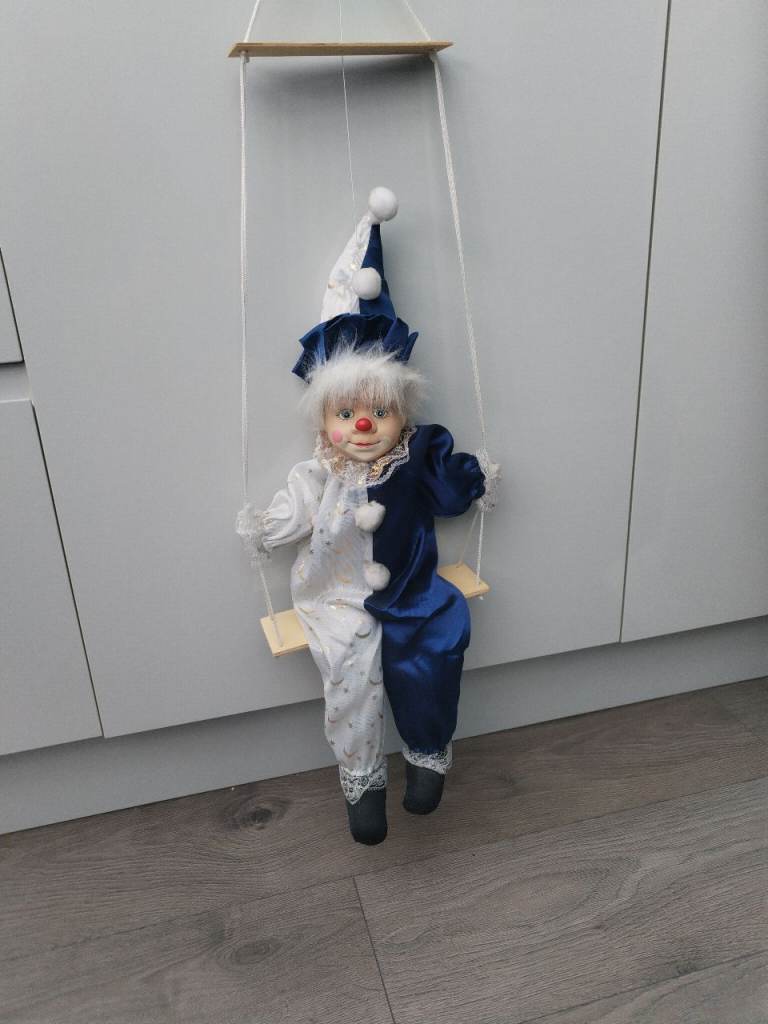 VINTAGE MARIONETTE STRING PUPPET CLOWN ON SWING HANGING PORCELAIN FACE