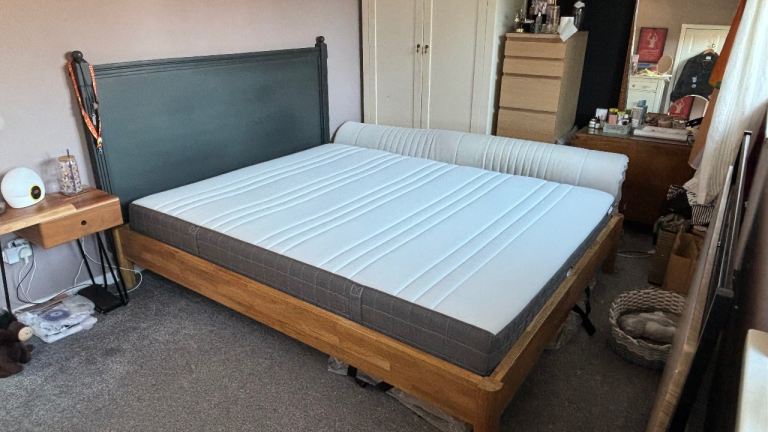 *Reduced* Solid Oak Bed Frame, Black Headboard and Mattress