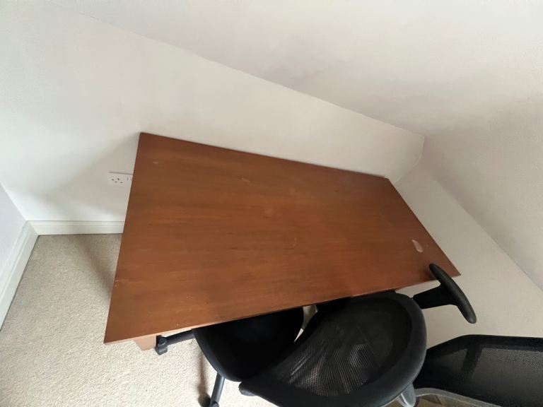 Wooden Desk and Two Black Office Chairs – Good Condition