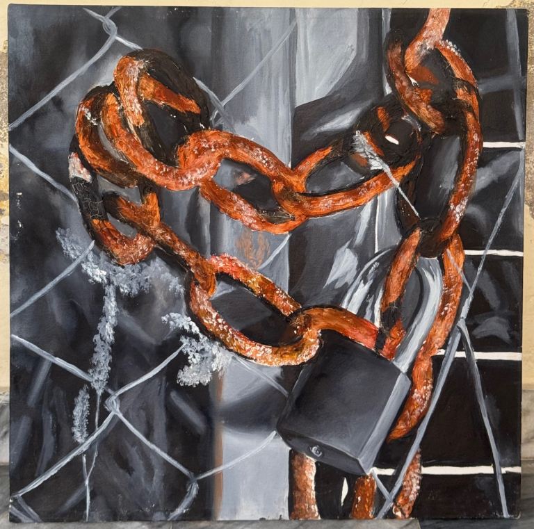 Original Painting - Chain and Padlock on Fence