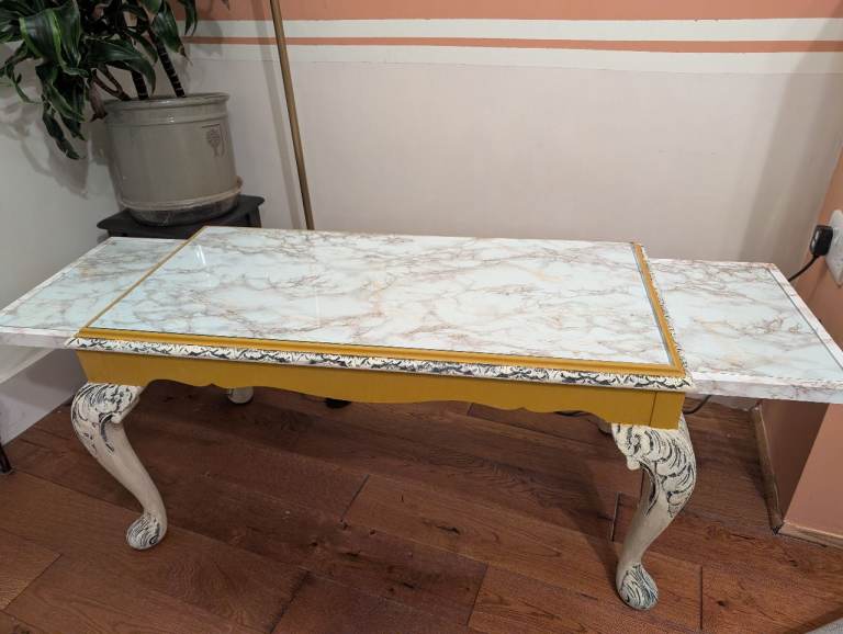 upcycled Queen Anne coffee table, oak with marble effect top