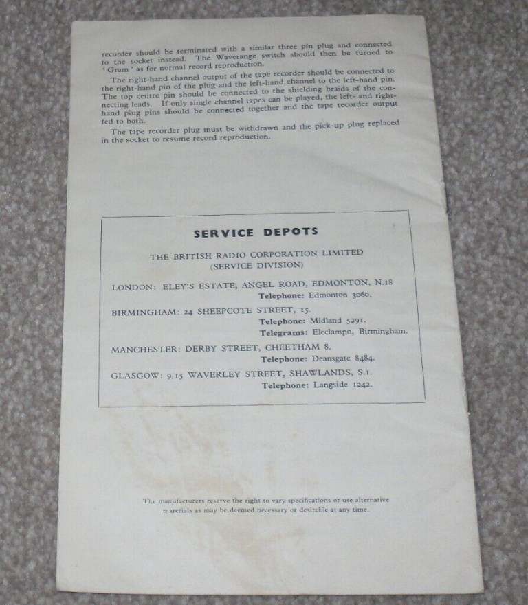 His Master's Voice Model 1639 Console Auto Radio-Gramaphone Manual