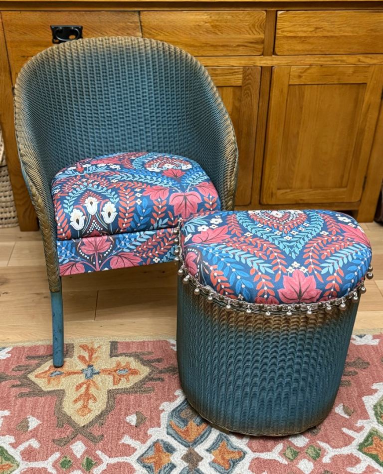 Antique Lloyd Loom "Lusty" set of a chair and linen basket 