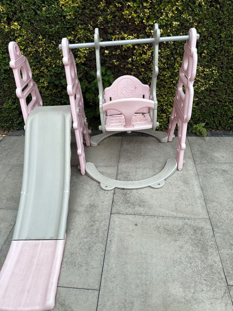 Kids Pink and Grey Slide and Swing Set – Good Condition