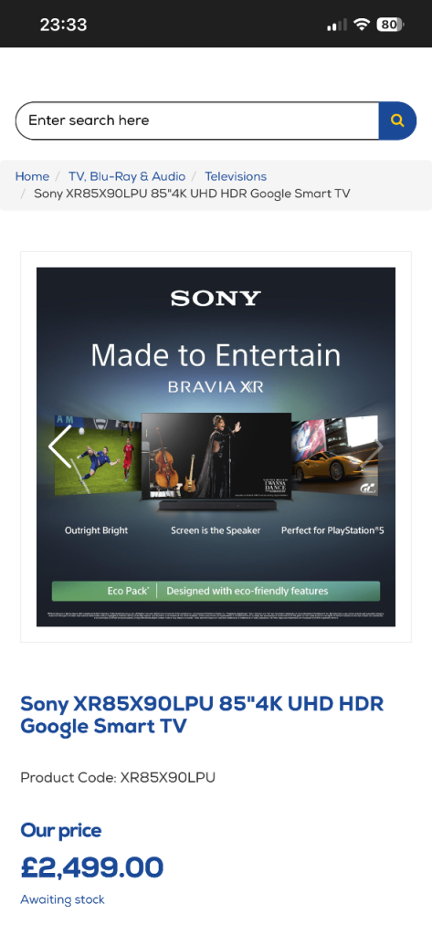 Sony XR85X90LPU 85-inch 4K HDR Full Array LED TV Ultra HD Smart Like New Retail £2499 Bargain