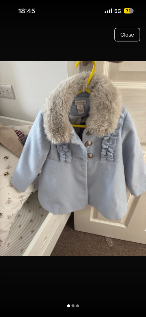 Monsoon Baby Blue Coat with Faux Fur Collar - 2-3 Years, As Good As New