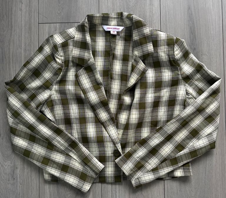 Gorgeous Urban Threads sage & khaki green checkered cropped blazer shirt