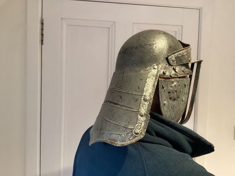 Metal replica lobster pot helmet