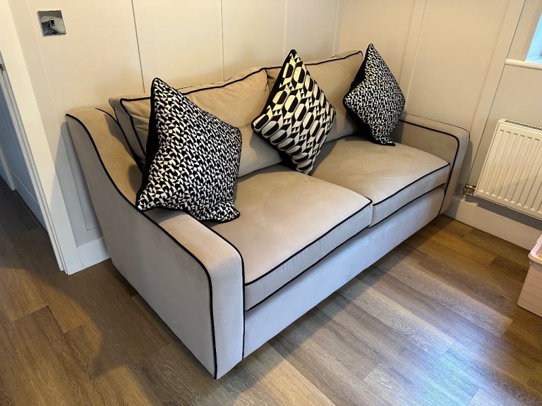 Beige Two-Seater Sofa with Black Piping in Excellent Condition