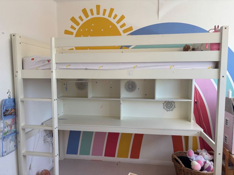 White Mid Sleeper Bed with Desk and Shelves
