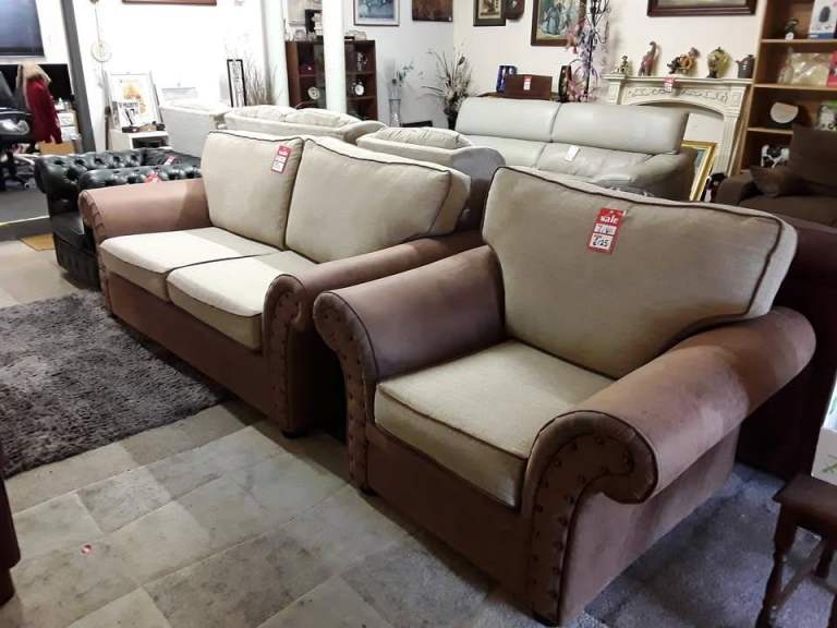 Brown suede/fabric 2-seater sofa & armchair Low Cost Moves 2nd Hand Furniture STALYBRIDGE SK15 3DN
