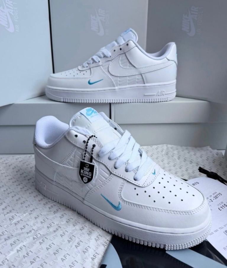 New Nike Air Force 1 Trainers - White with Blue Swoosh