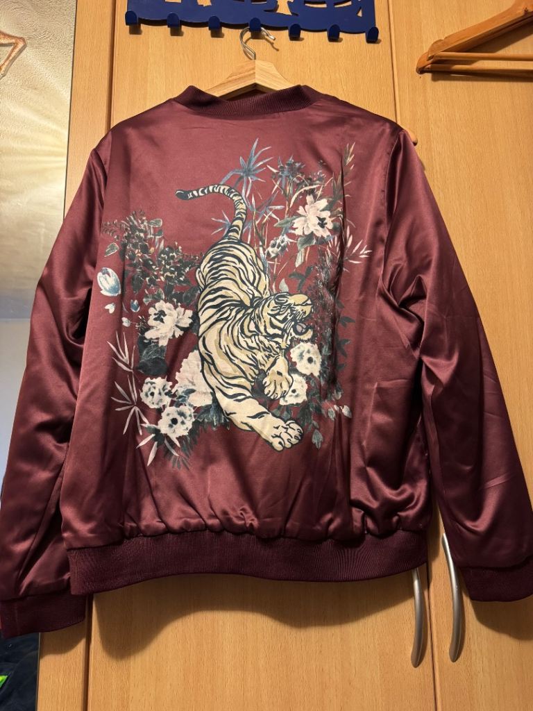 NICK VERREOS Bomber Jacket XL – Burgundy with Tiger Print