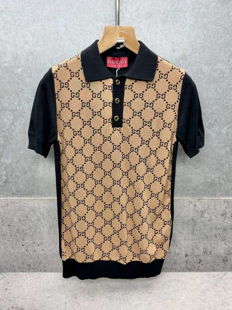 Gucci GG Monogram Polo Shirt - Black & Beige Knit