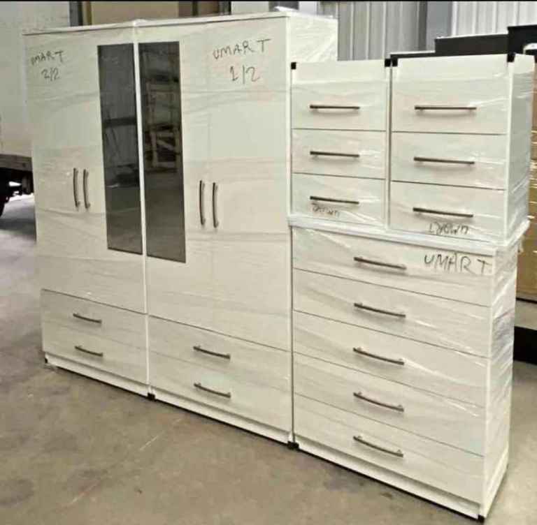 New White Wardrobe with Drawers and Mirror