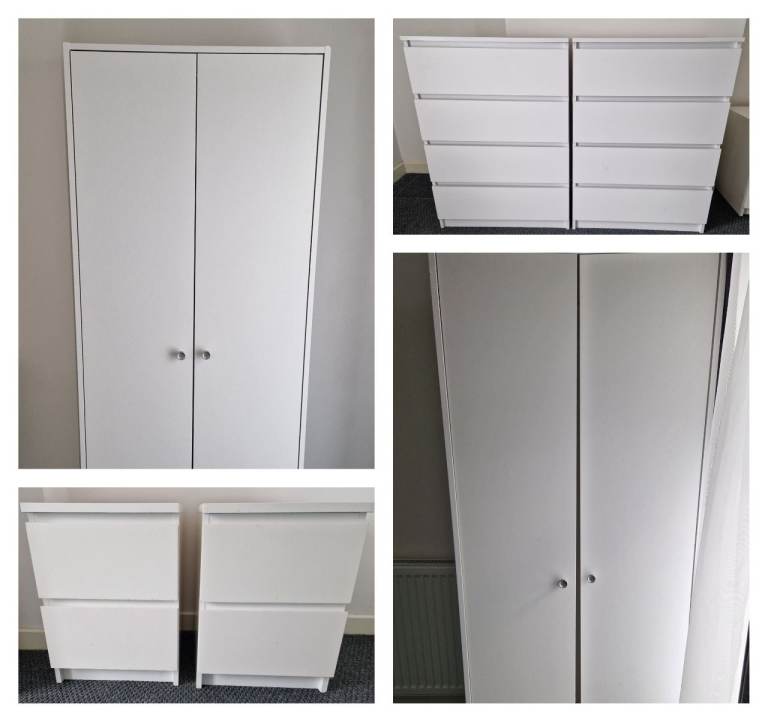White IKEA Bedroom Furniture Set x6 Wardrobes Drawers Bedside Cabinets